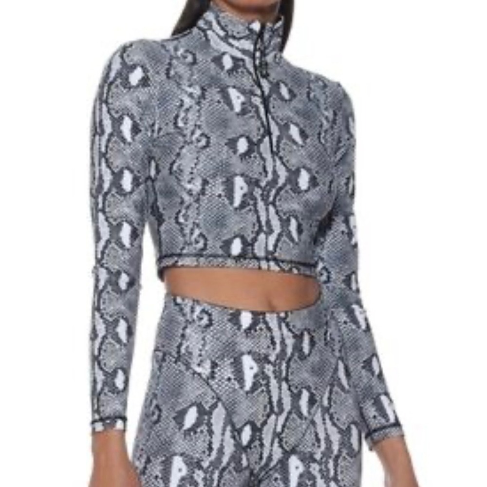 Adam Selman Sport Womens Python Print Half Zip Cropped Long Sleeve Top Small